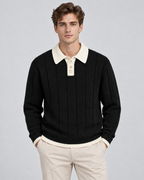 Men's Knitted Polo Sweater - Contrast Collar Ribbed Regular Fit
