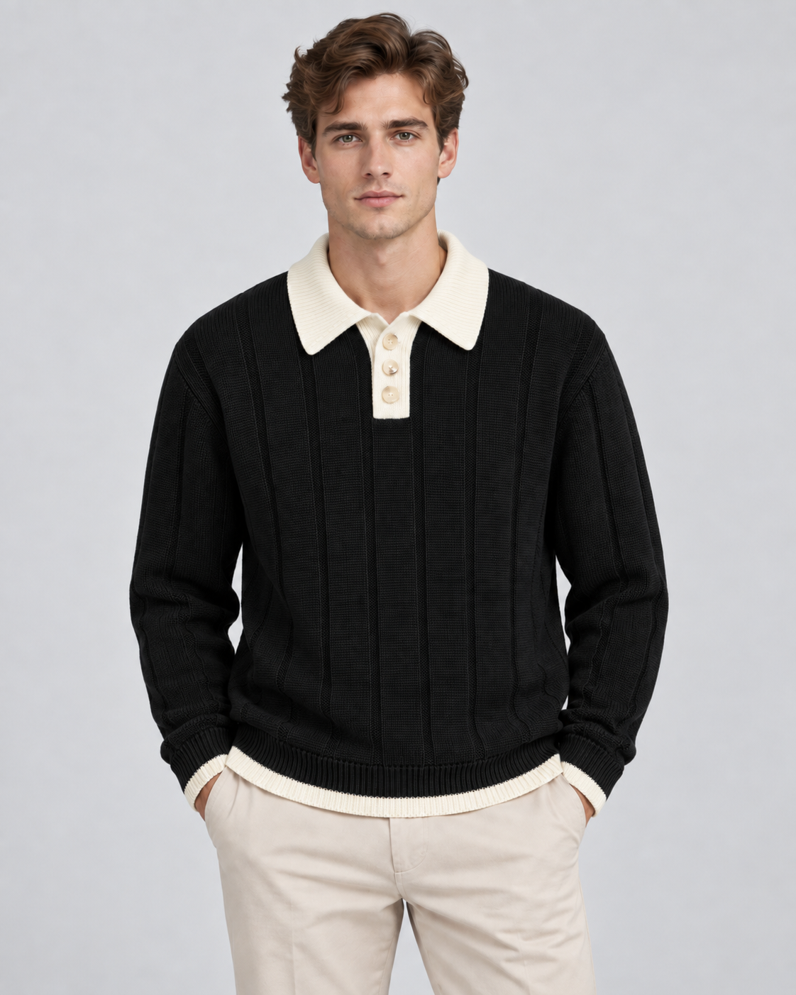 Men's Knitted Polo Sweater - Contrast Collar Ribbed Regular Fit