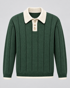 Men's Knitted Polo Sweater - Contrast Collar Ribbed Regular Fit