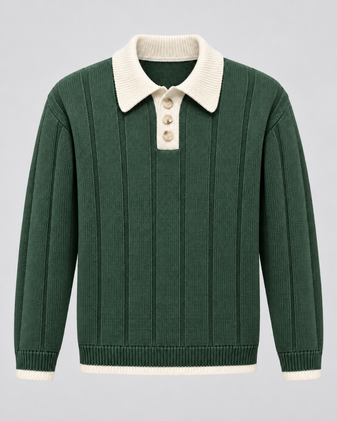 Men's Knitted Polo Sweater - Contrast Collar Ribbed Regular Fit