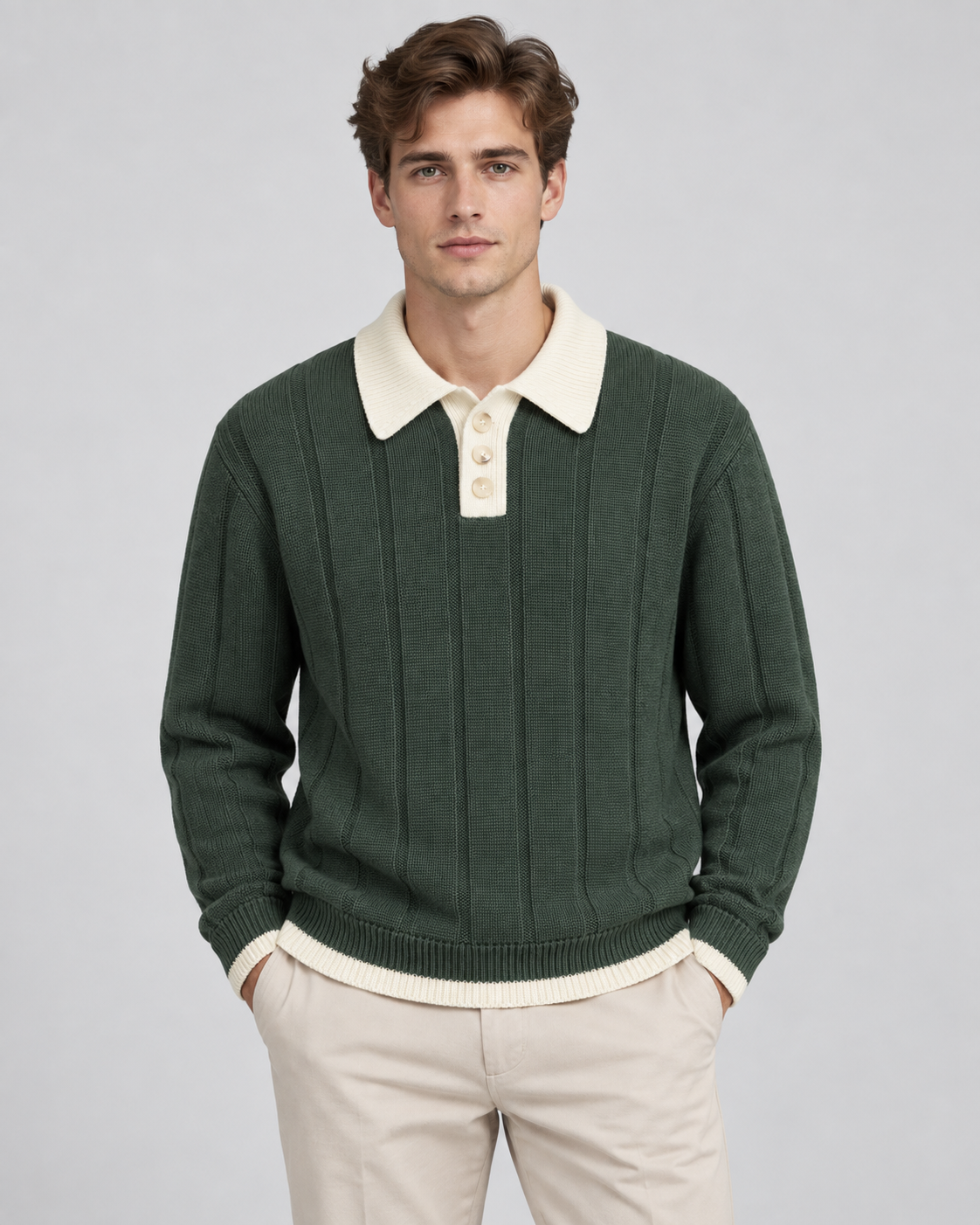 Men's Knitted Polo Sweater - Contrast Collar Ribbed Regular Fit