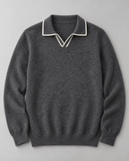 Men's Knitted Polo Sweater – Long Sleeve Open Collar Contrast Trim
