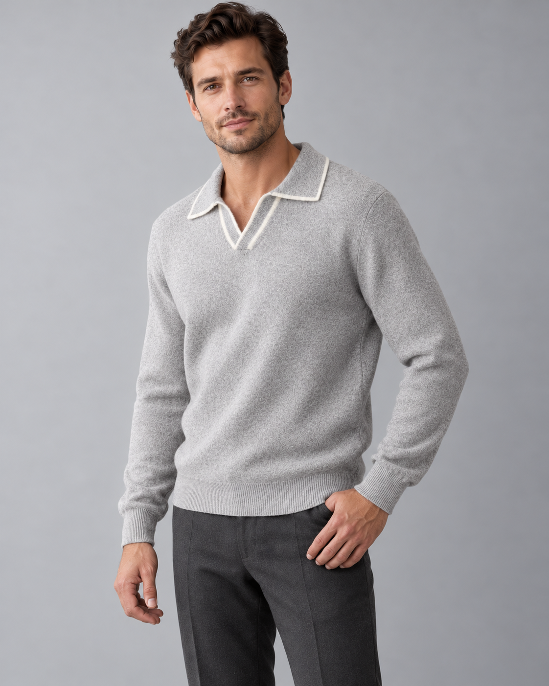 Men's Knitted Polo Sweater – Long Sleeve Open Collar Contrast Trim