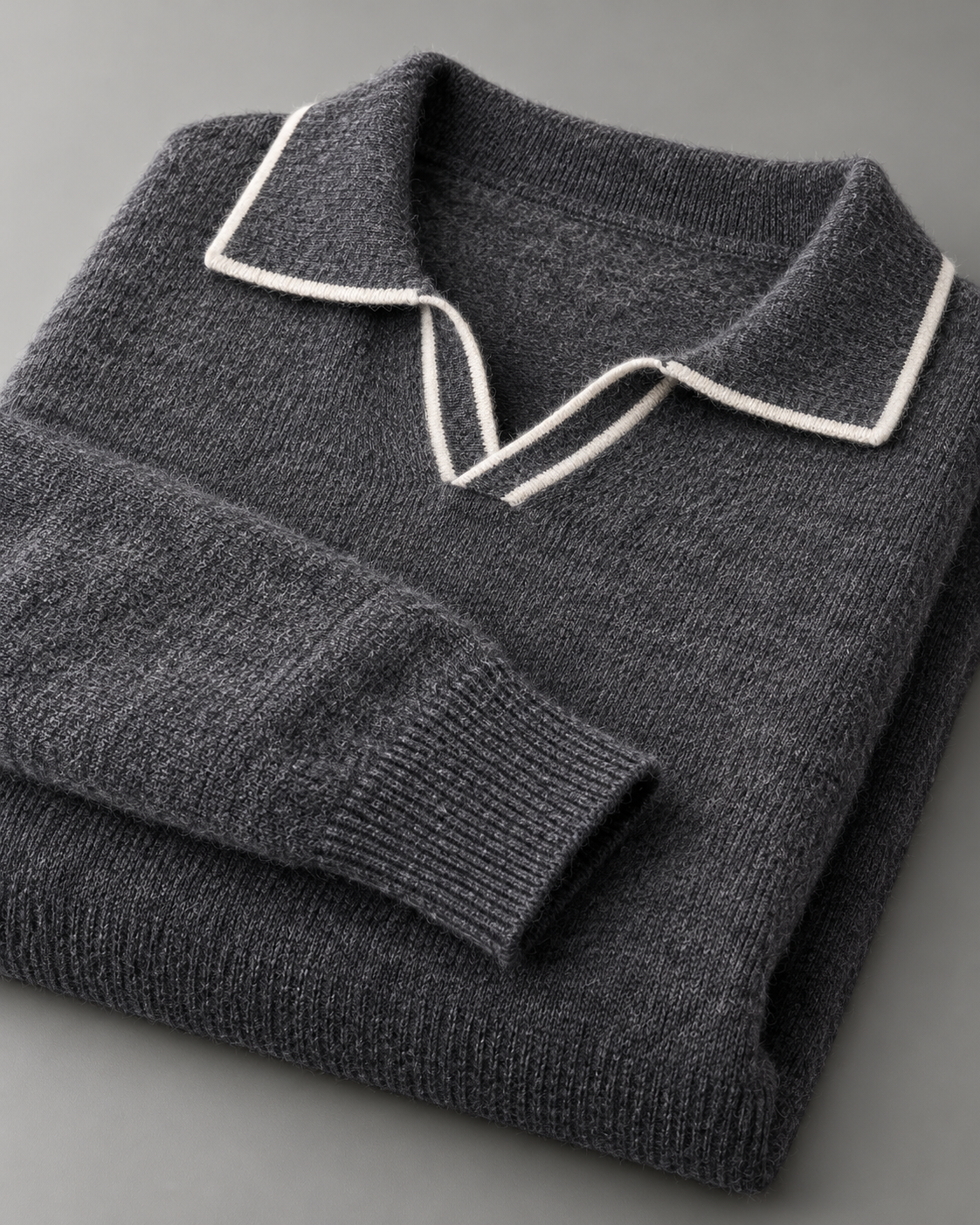 Men's Knitted Polo Sweater – Long Sleeve Open Collar Contrast Trim