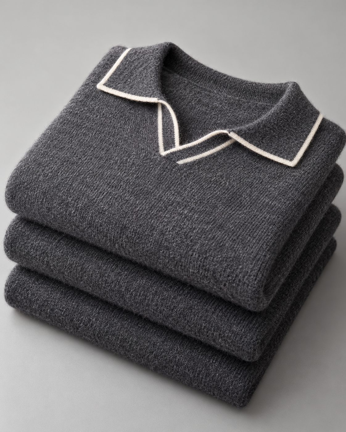 Men's Knitted Polo Sweater – Long Sleeve Open Collar Contrast Trim