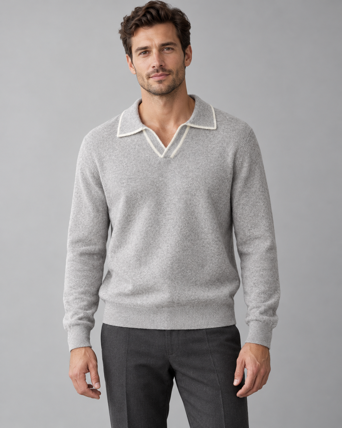 Men's Knitted Polo Sweater – Long Sleeve Open Collar Contrast Trim