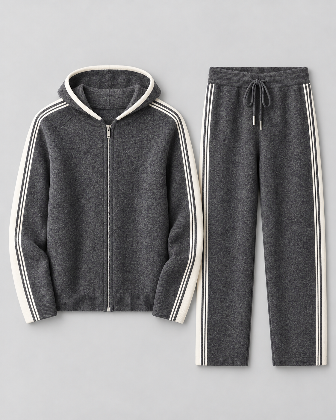 Men's Knitted Tracksuit - Zip-Up Hoodie & Striped Trousers