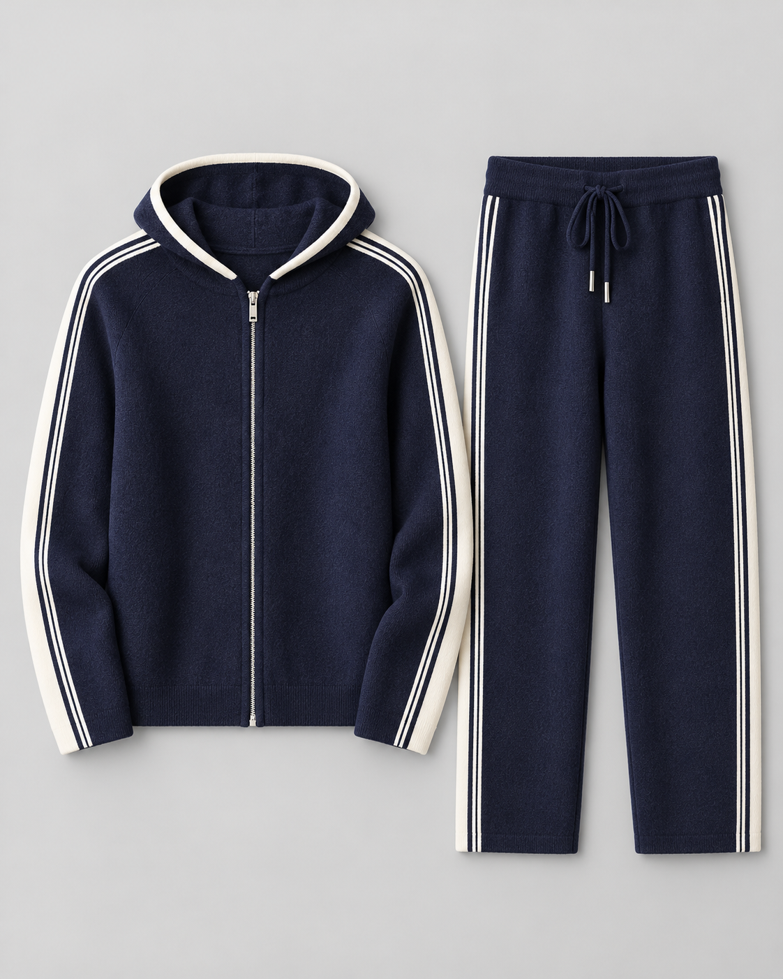 Men's Knitted Tracksuit - Zip-Up Hoodie & Striped Trousers