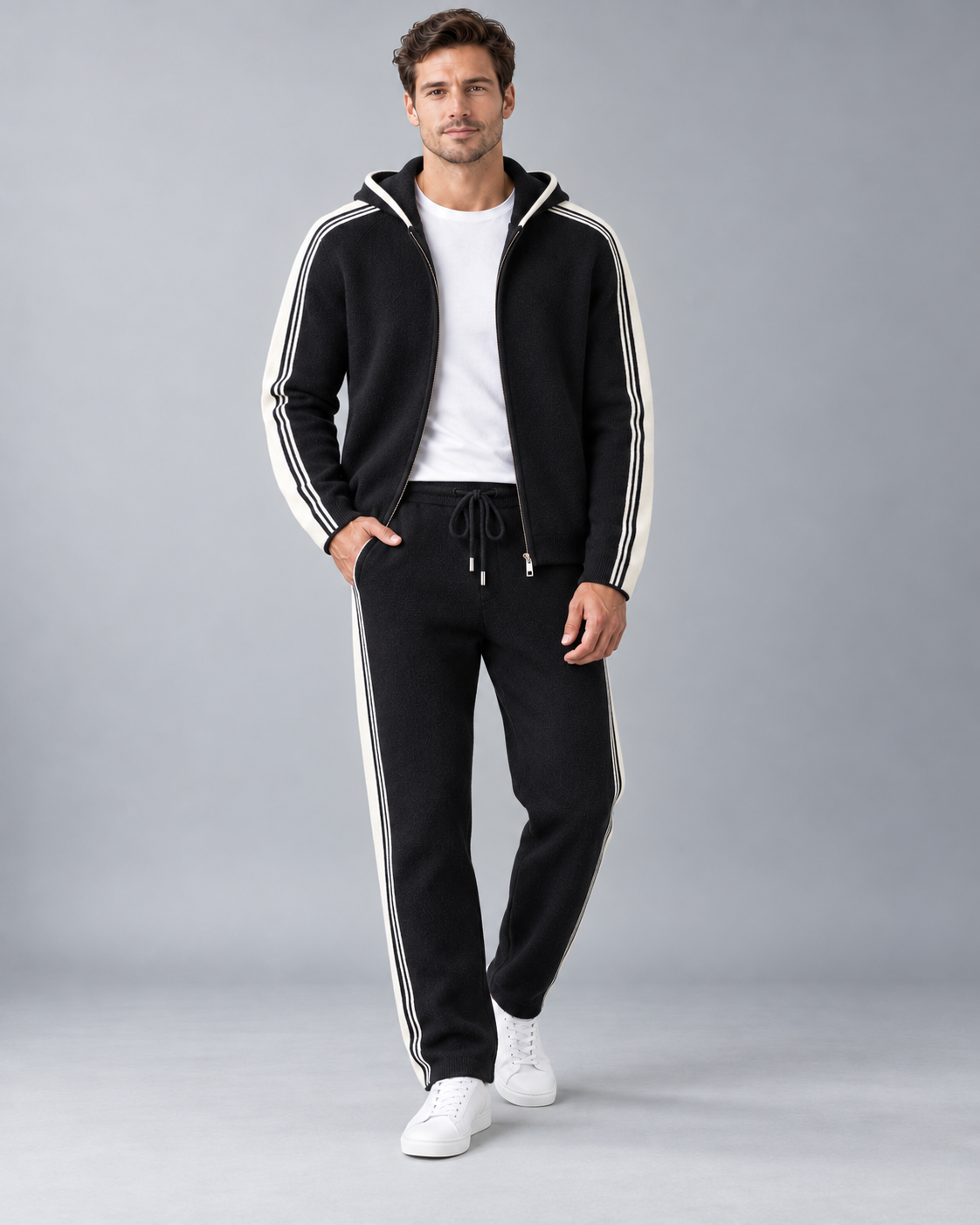 Men's Knitted Tracksuit - Zip-Up Hoodie & Striped Trousers