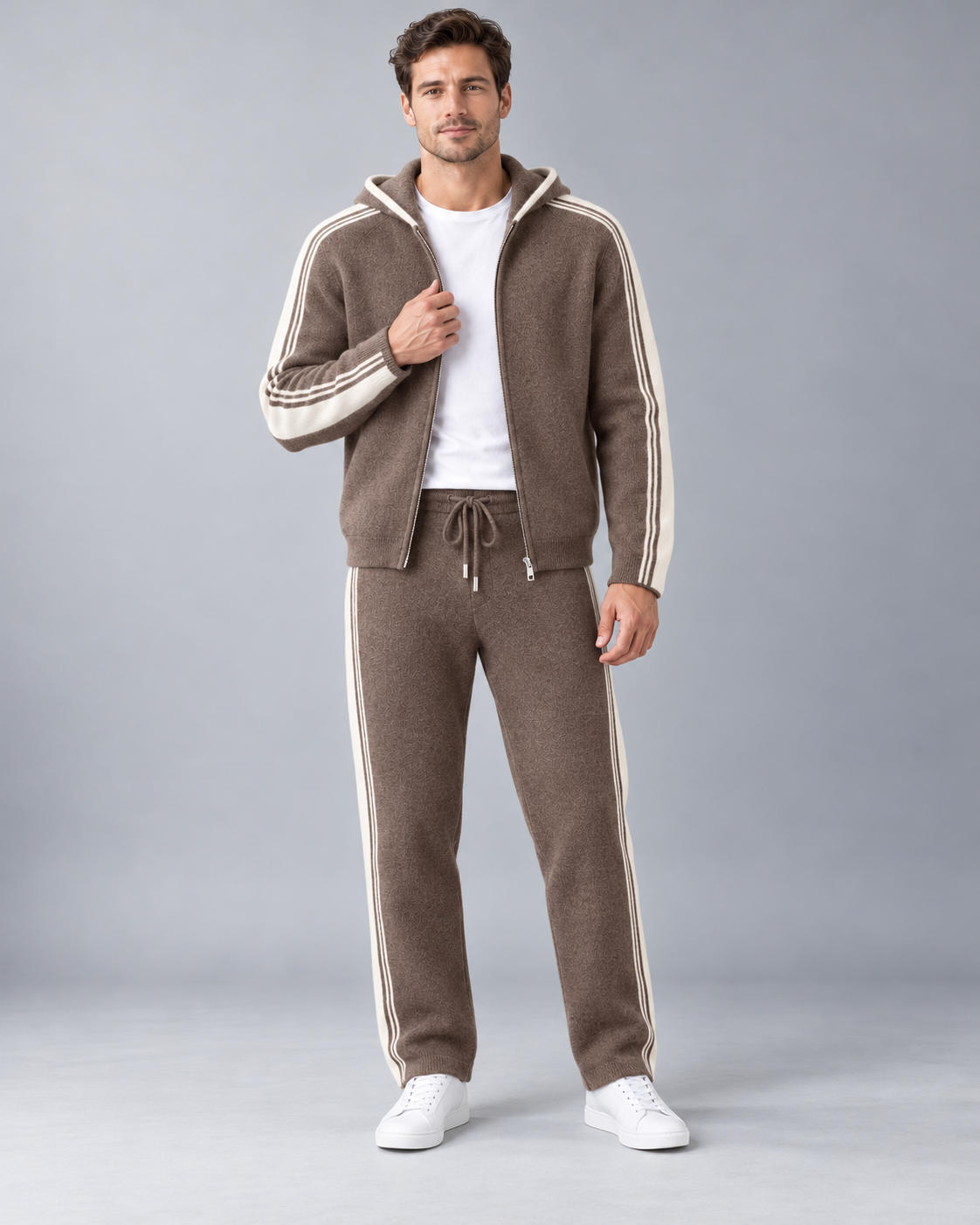 Men's Knitted Tracksuit - Zip-Up Hoodie & Striped Trousers