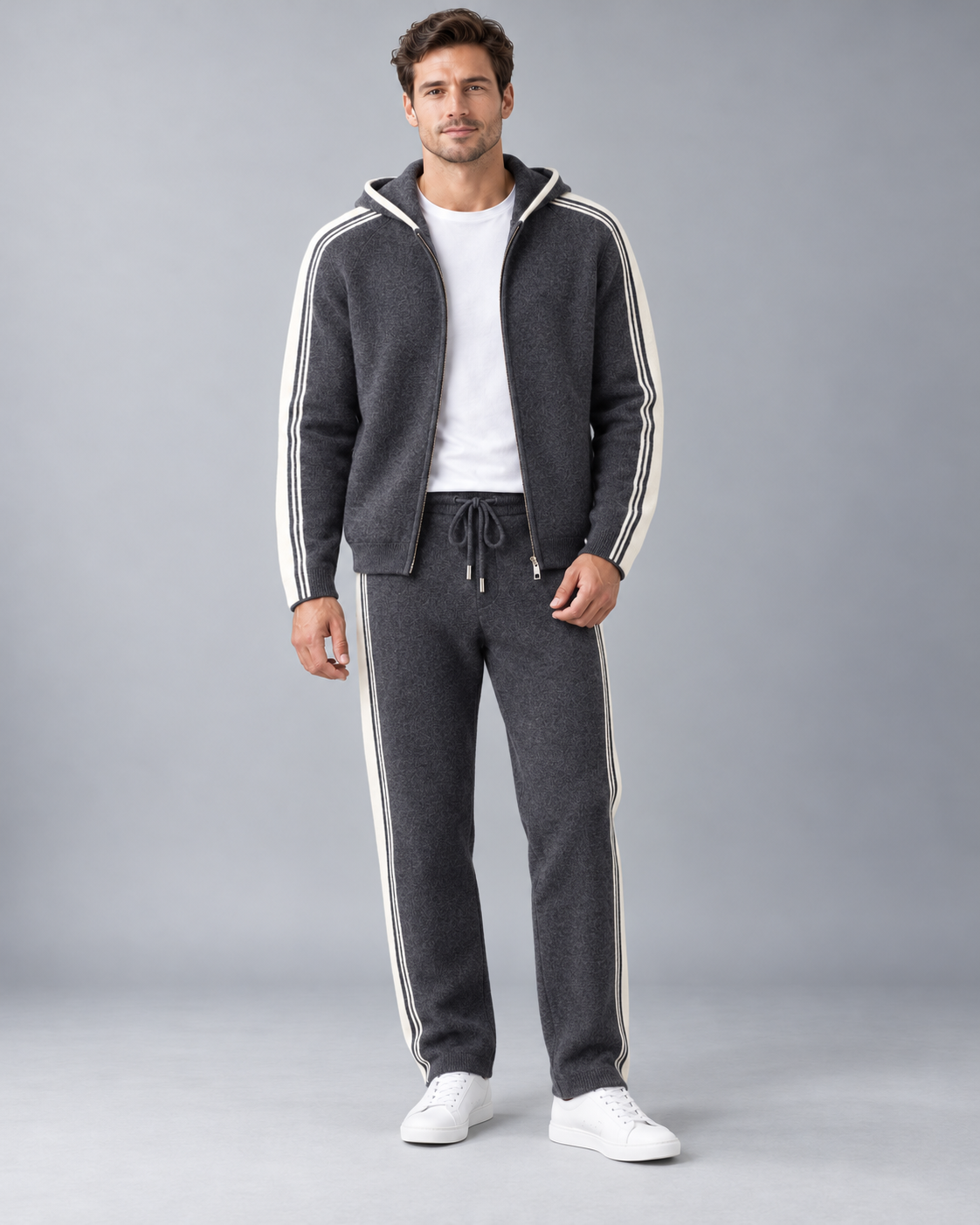 Men's Knitted Tracksuit - Zip-Up Hoodie & Striped Trousers