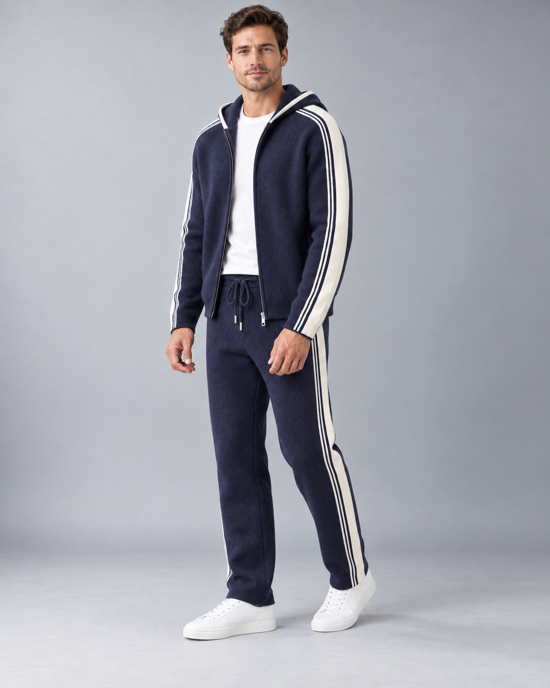 Men's Knitted Tracksuit - Zip-Up Hoodie & Striped Trousers