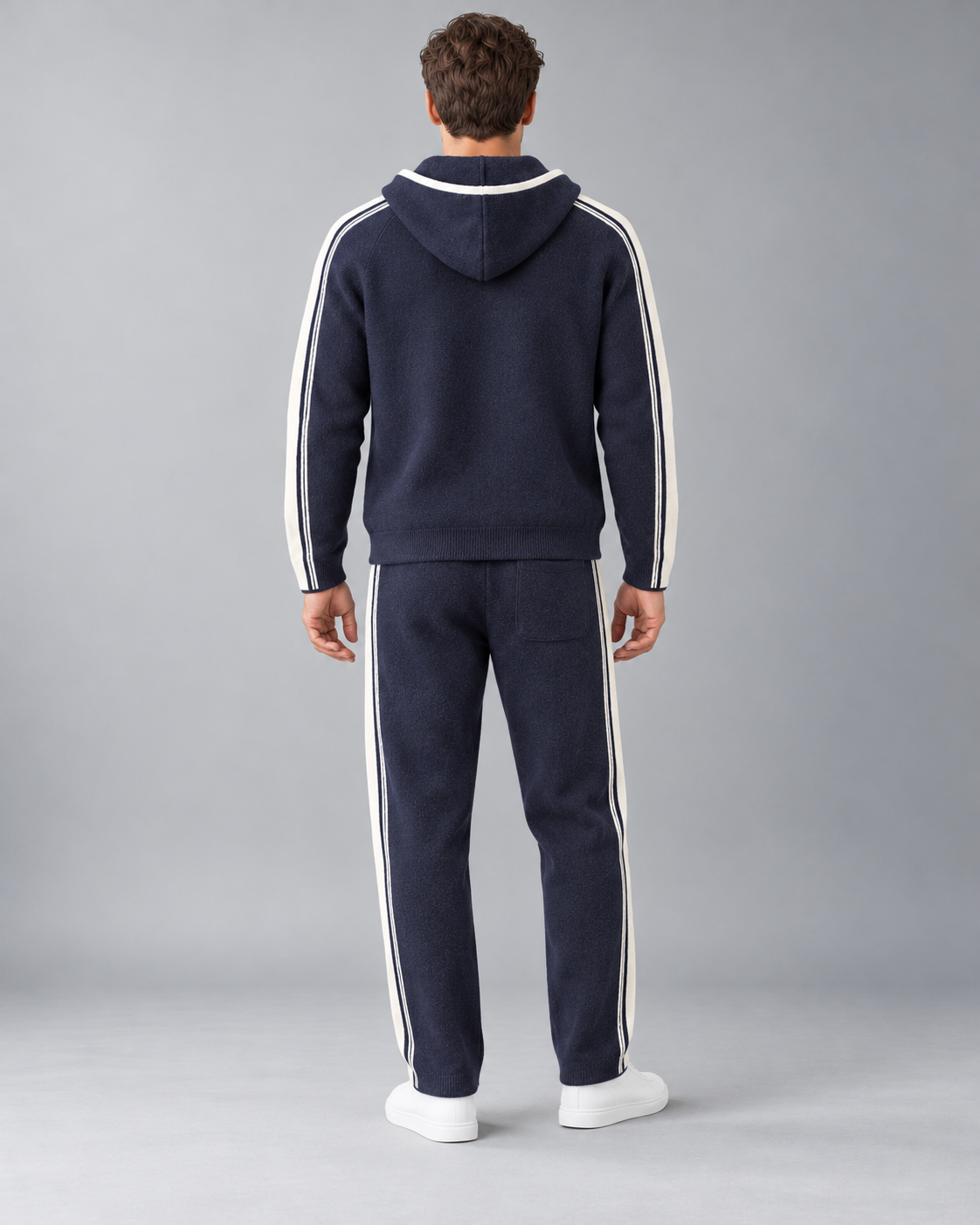 Men's Knitted Tracksuit - Zip-Up Hoodie & Striped Trousers