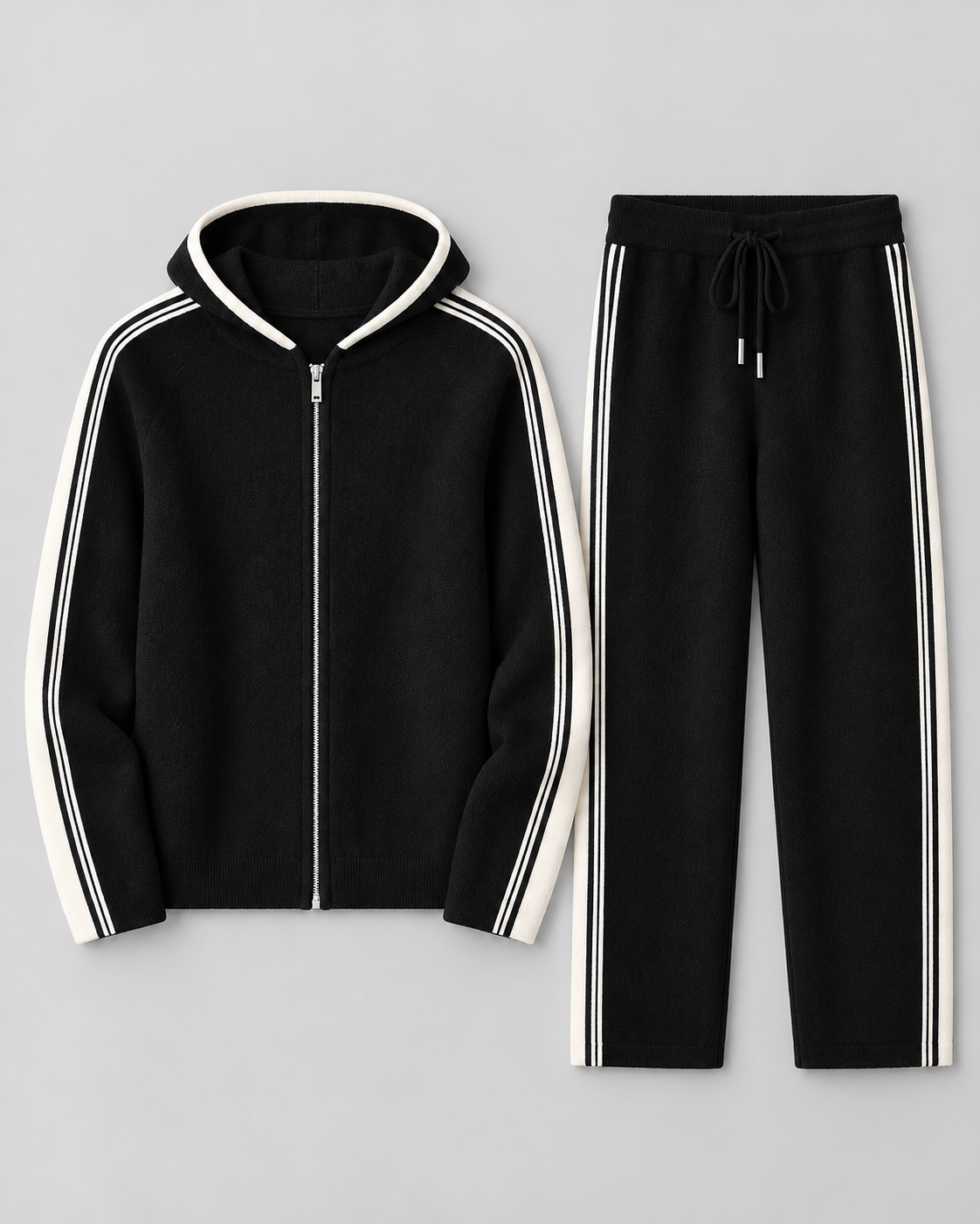 Men's Knitted Tracksuit - Zip-Up Hoodie & Striped Trousers