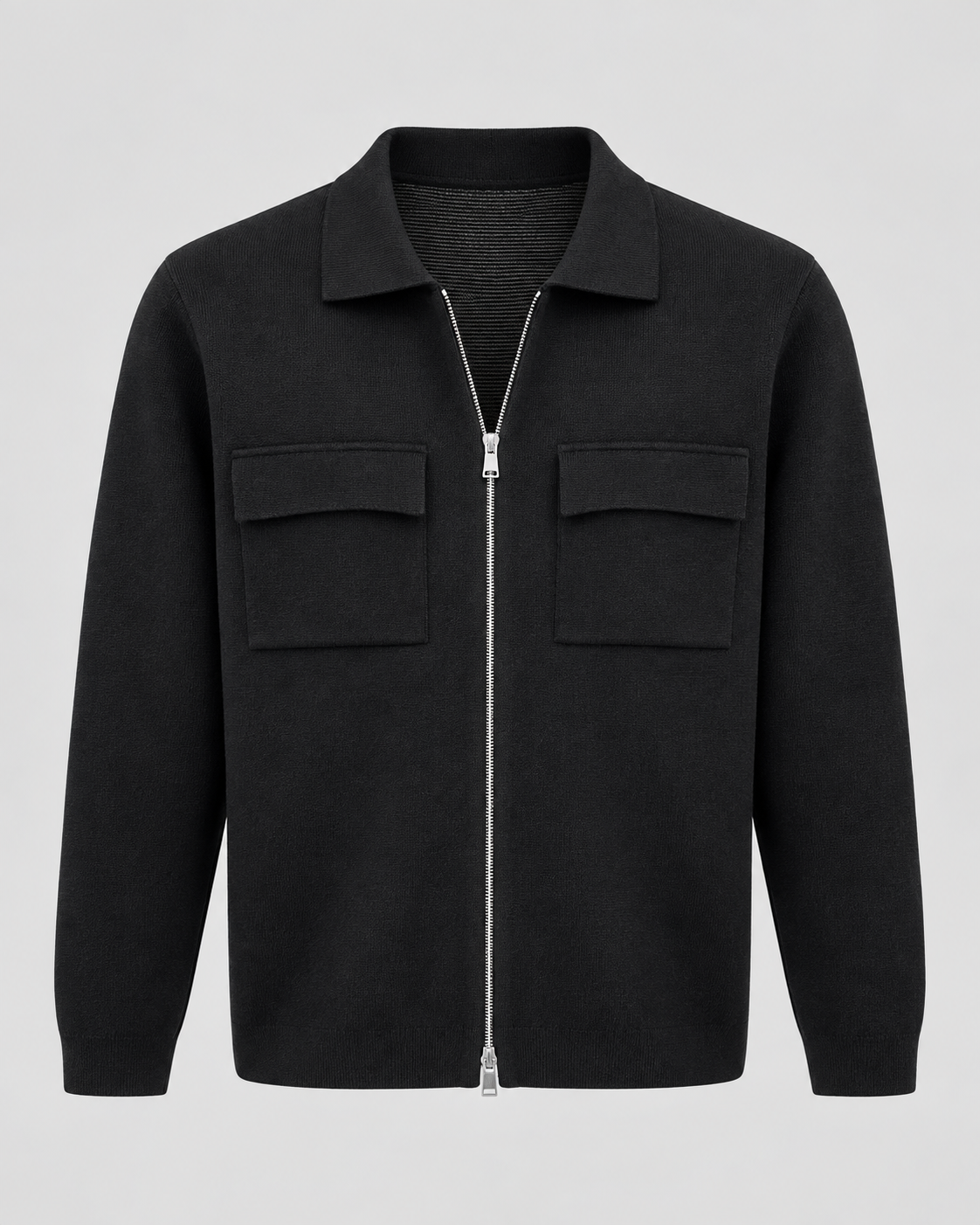 Men's Knitted Zip Jacket – Shirt Collar Chest Pockets Regular Fit