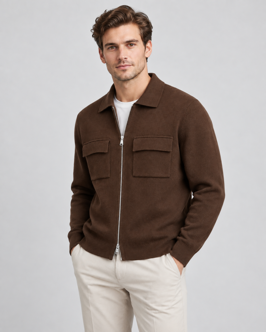 Men's Knitted Zip Jacket – Shirt Collar Chest Pockets Regular Fit