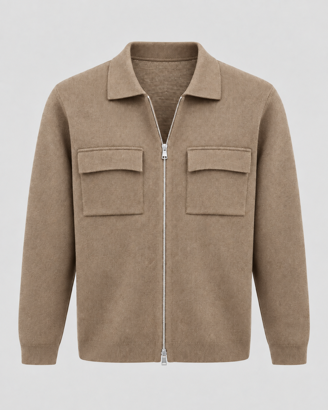 Men's Knitted Zip Jacket – Shirt Collar Chest Pockets Regular Fit