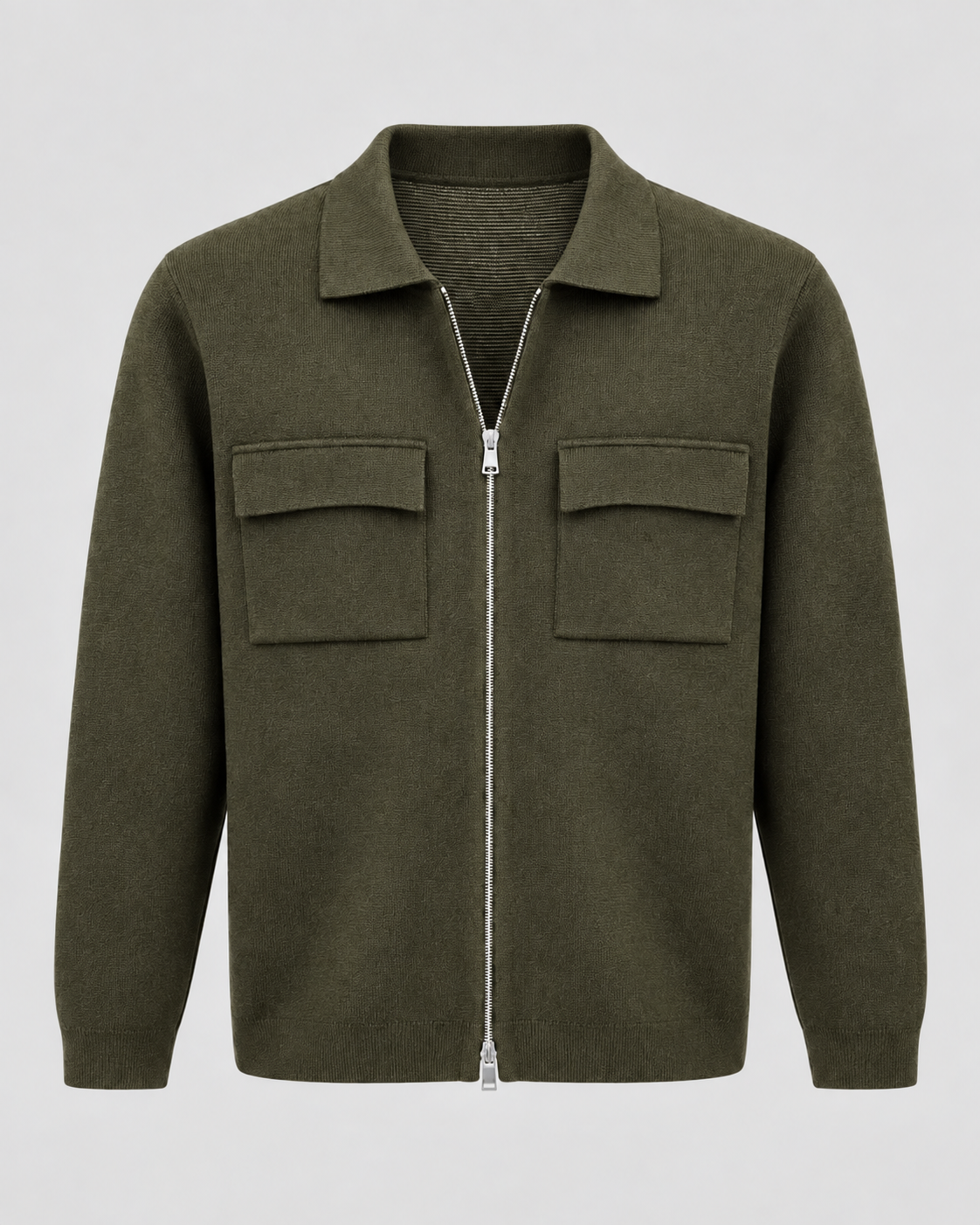 Men's Knitted Zip Jacket – Shirt Collar Chest Pockets Regular Fit