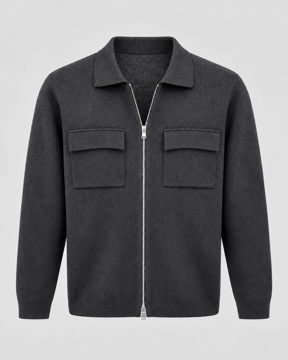 Men's Knitted Zip Jacket – Shirt Collar Chest Pockets Regular Fit