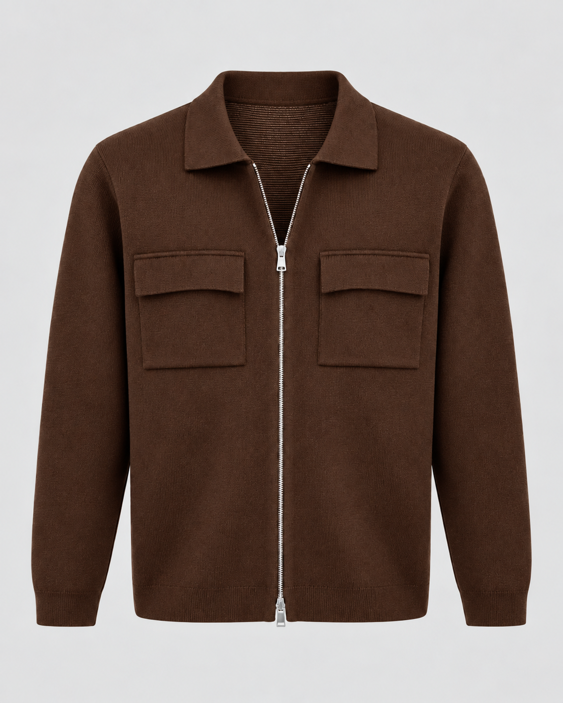 Men's Knitted Zip Jacket – Shirt Collar Chest Pockets Regular Fit