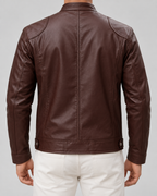Men's Leather Cafe Racer Jacket - Stand Collar Zip Front Hip Length