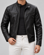Men's Leather Cafe Racer Jacket - Stand Collar Zip Front Hip Length