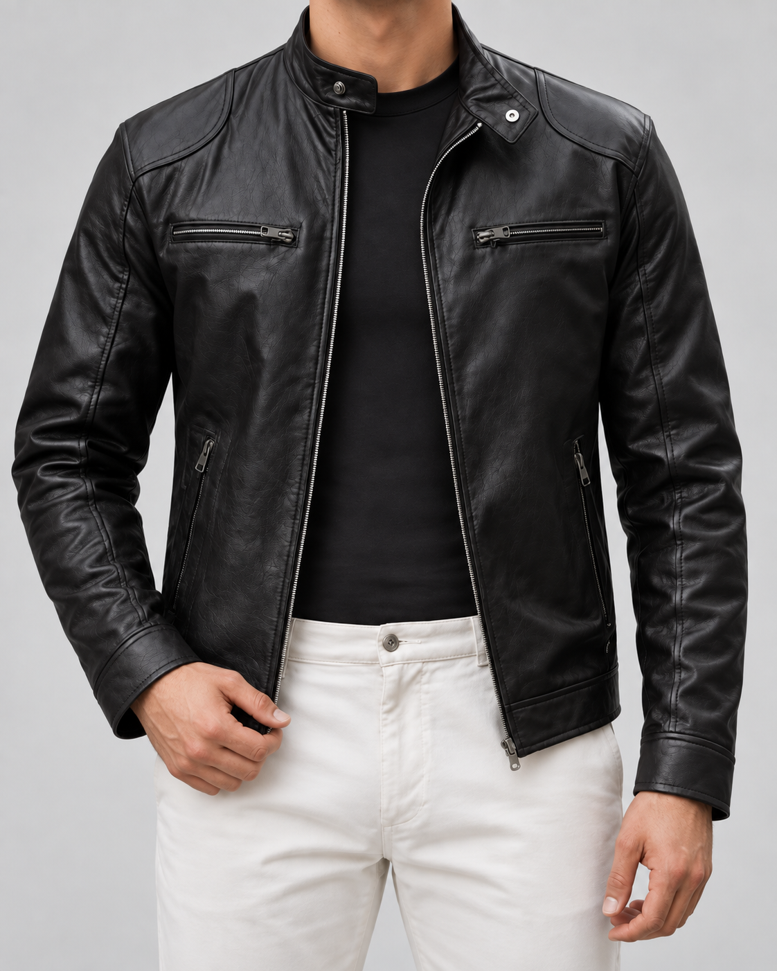 Men's Leather Cafe Racer Jacket - Stand Collar Zip Front Hip Length