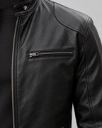 Men's Leather Cafe Racer Jacket - Stand Collar Zip Front Hip Length