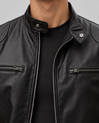 Men's Leather Cafe Racer Jacket - Stand Collar Zip Front Hip Length