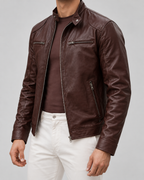 Men's Leather Cafe Racer Jacket - Stand Collar Zip Front Hip Length