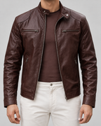 Men's Leather Cafe Racer Jacket - Stand Collar Zip Front Hip Length