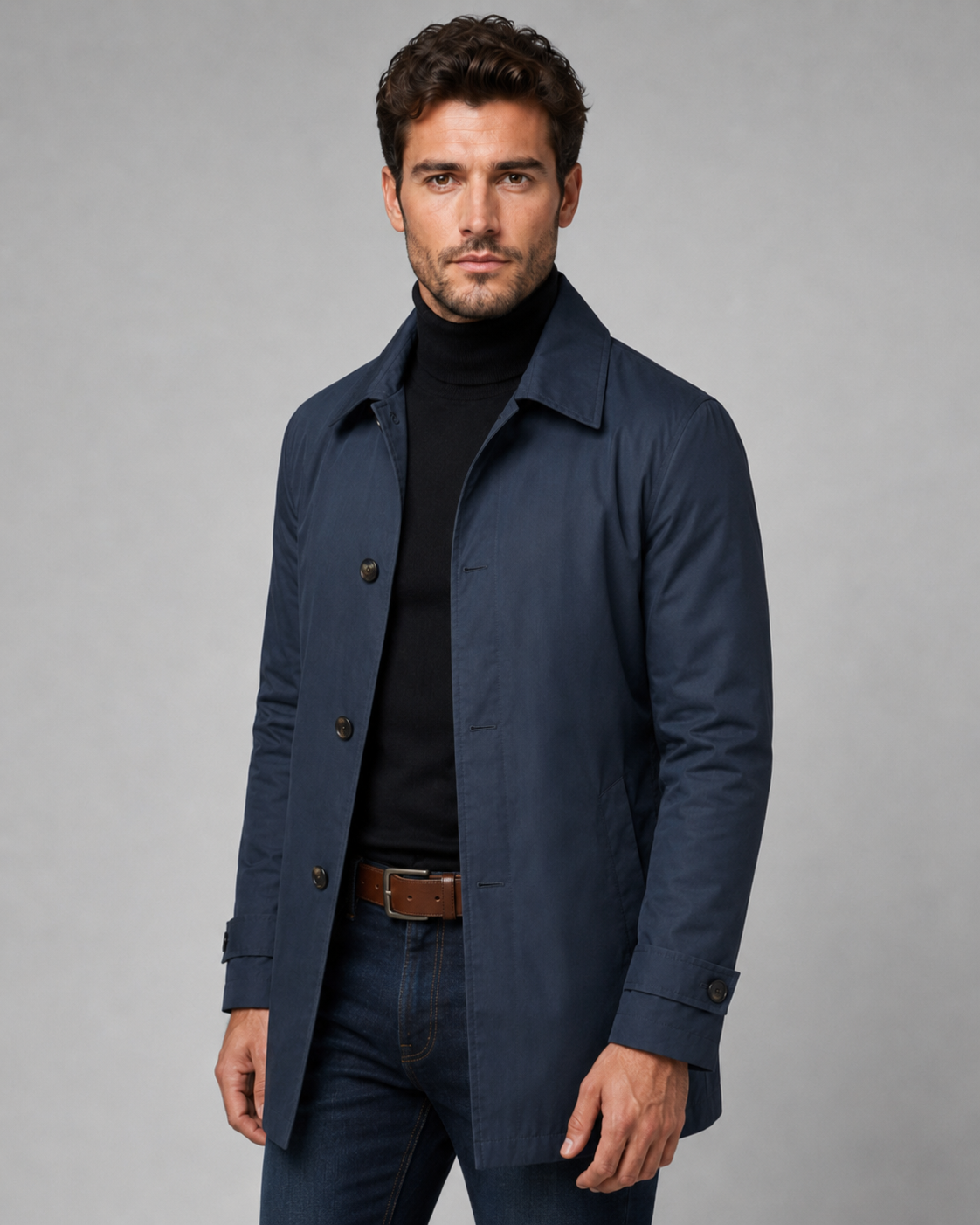 Men's Long Car Coat - Button Front Point Collar Regular Fit