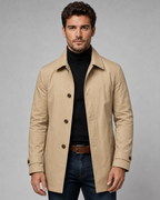 Men's Long Car Coat - Button Front Point Collar Regular Fit