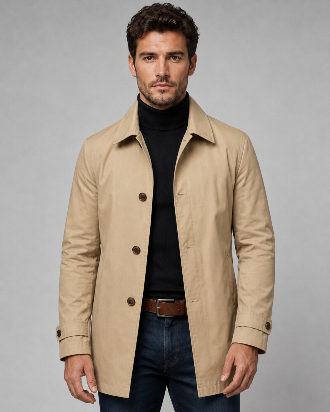 Men's Long Car Coat - Button Front Point Collar Regular Fit
