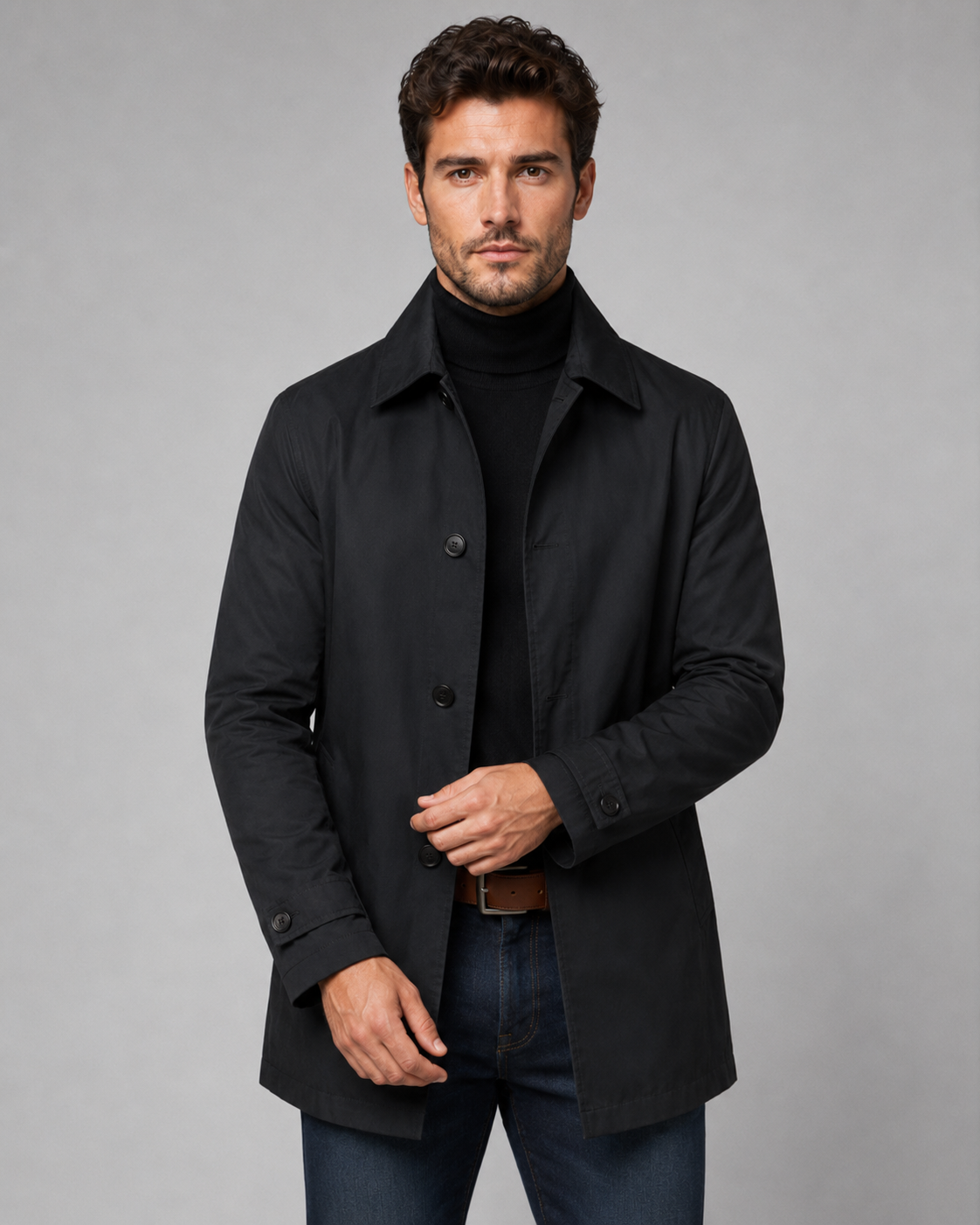 Men's Long Car Coat - Button Front Point Collar Regular Fit