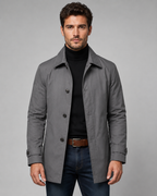 Men's Long Car Coat - Button Front Point Collar Regular Fit