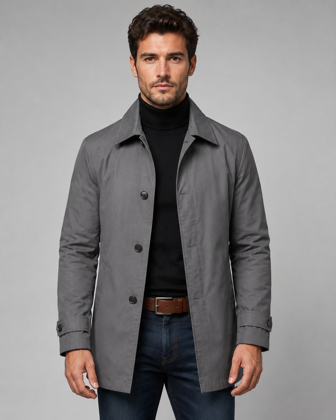 Men's Long Car Coat - Button Front Point Collar Regular Fit