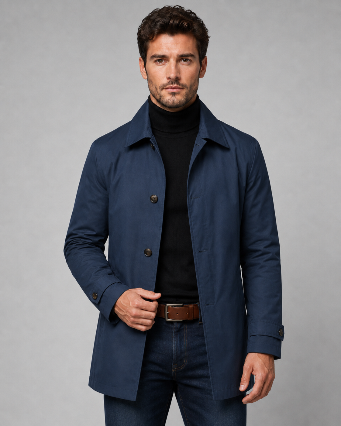 Men's Long Car Coat - Button Front Point Collar Regular Fit