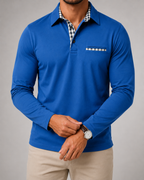 Men's Long Sleeve Polo Shirt with Gingham Trim