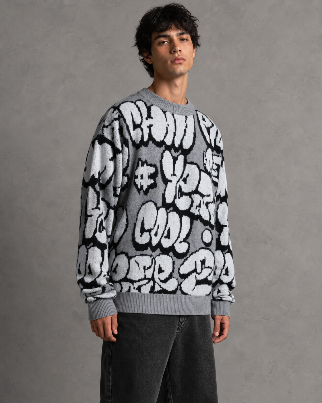 Men's Oversized Graphic Knit Sweater - Graffiti Drop Shoulder Fit