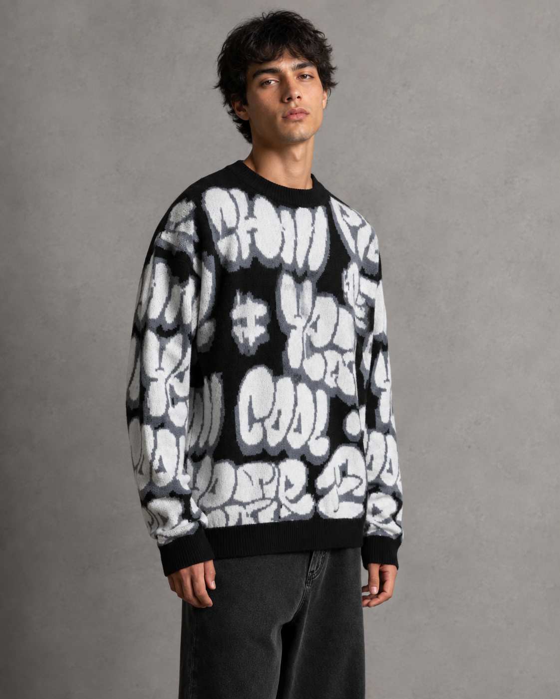 Men's Oversized Graphic Knit Sweater - Graffiti Drop Shoulder Fit