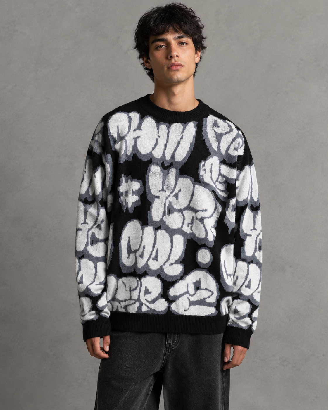 Men's Oversized Graphic Knit Sweater - Graffiti Drop Shoulder Fit