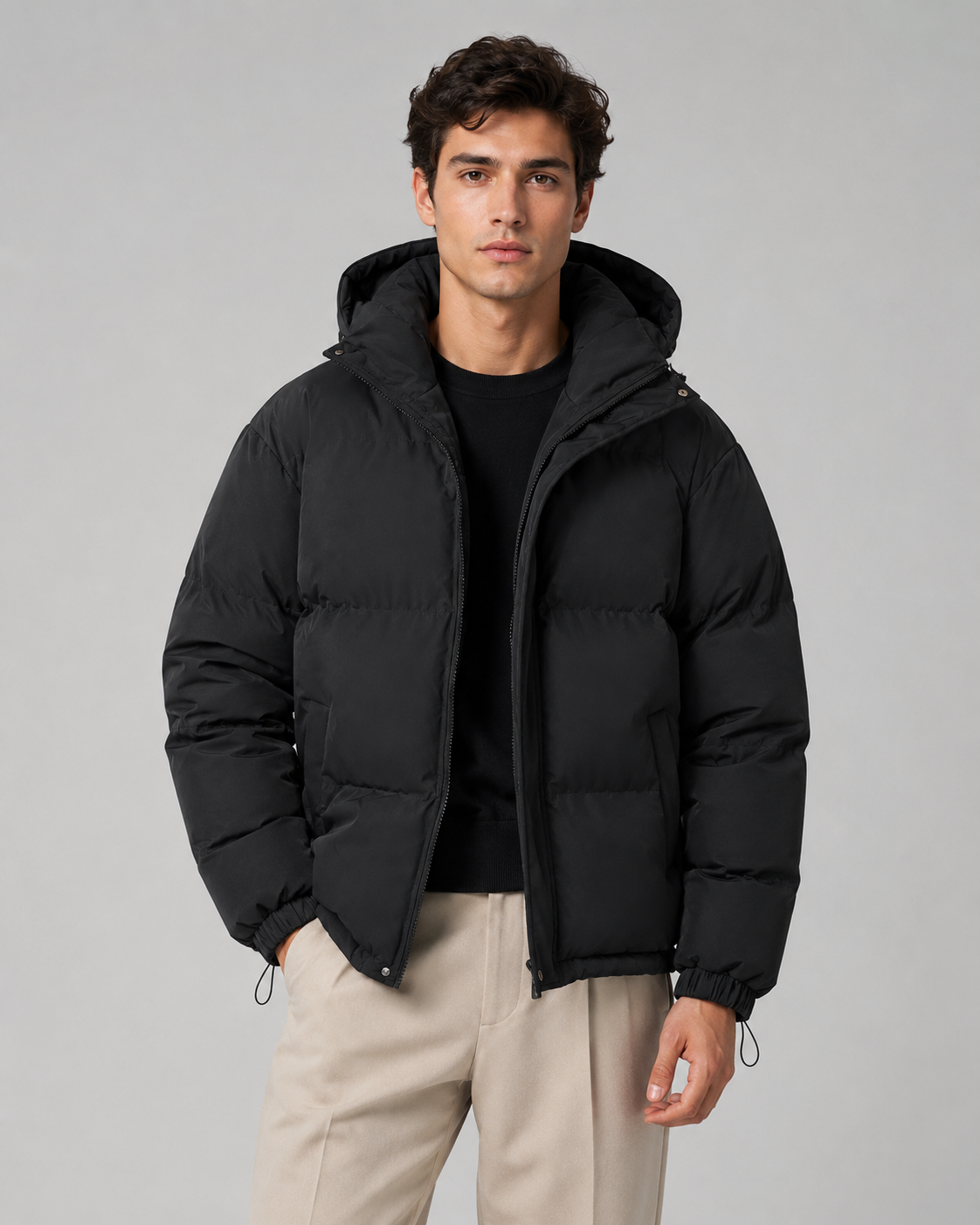 Men's Hooded Winter Puffer Jacket with Drawstring Hem