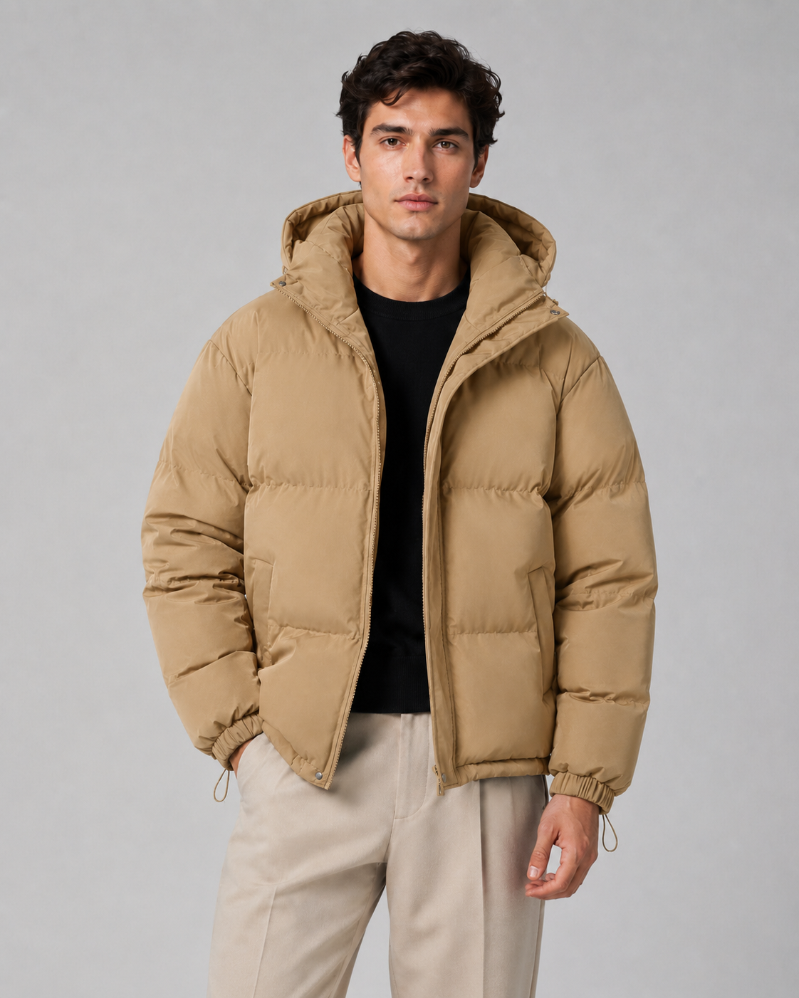 Men's Hooded Winter Puffer Jacket with Drawstring Hem