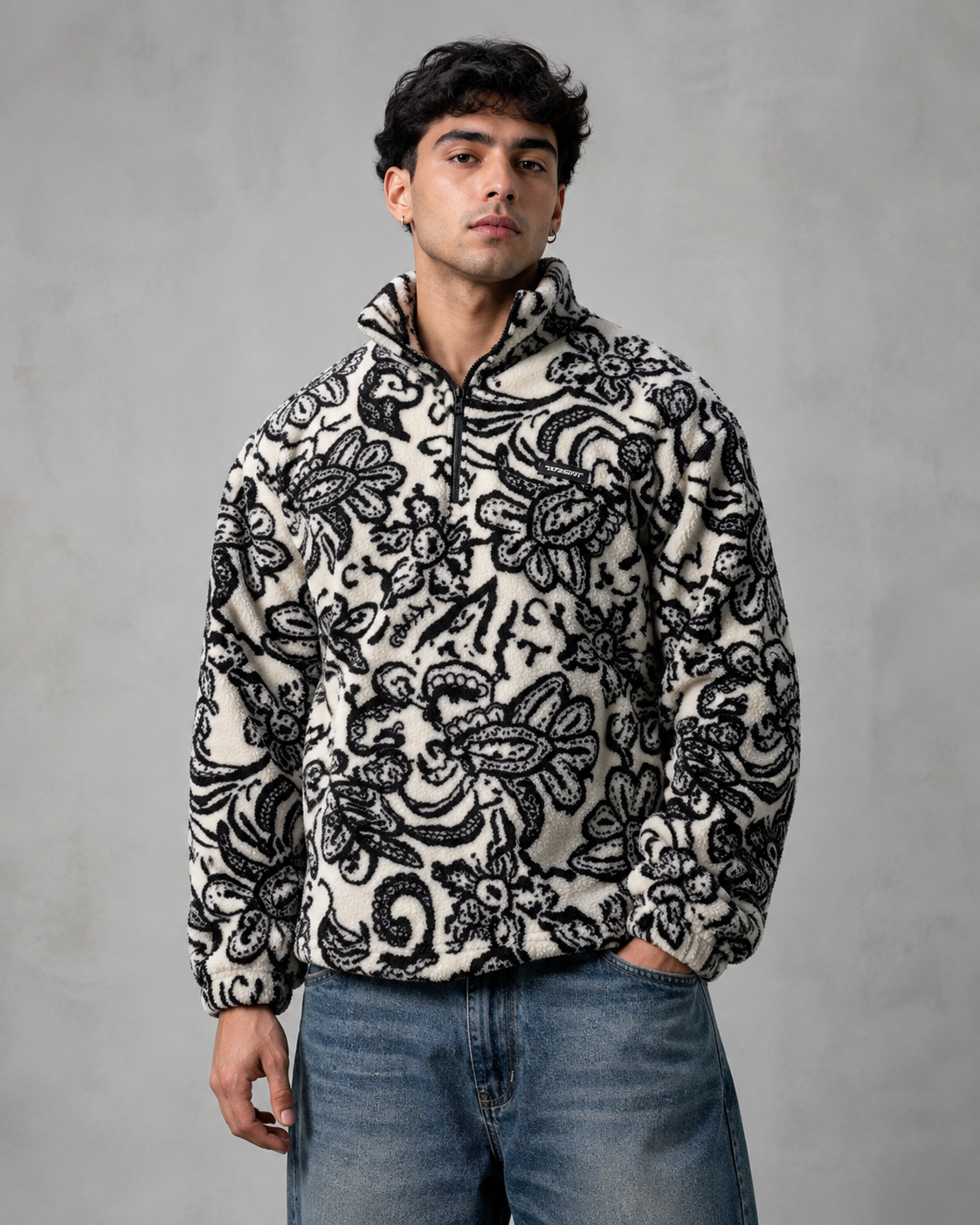 Men's Patterned Quarter-Zip Pullover - Relaxed Streetwear Fit