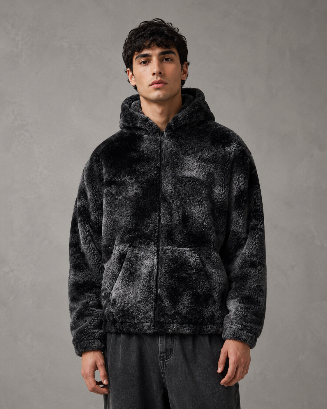 Men's Plush Hooded Zip Jacket - Relaxed Fit Streetwear