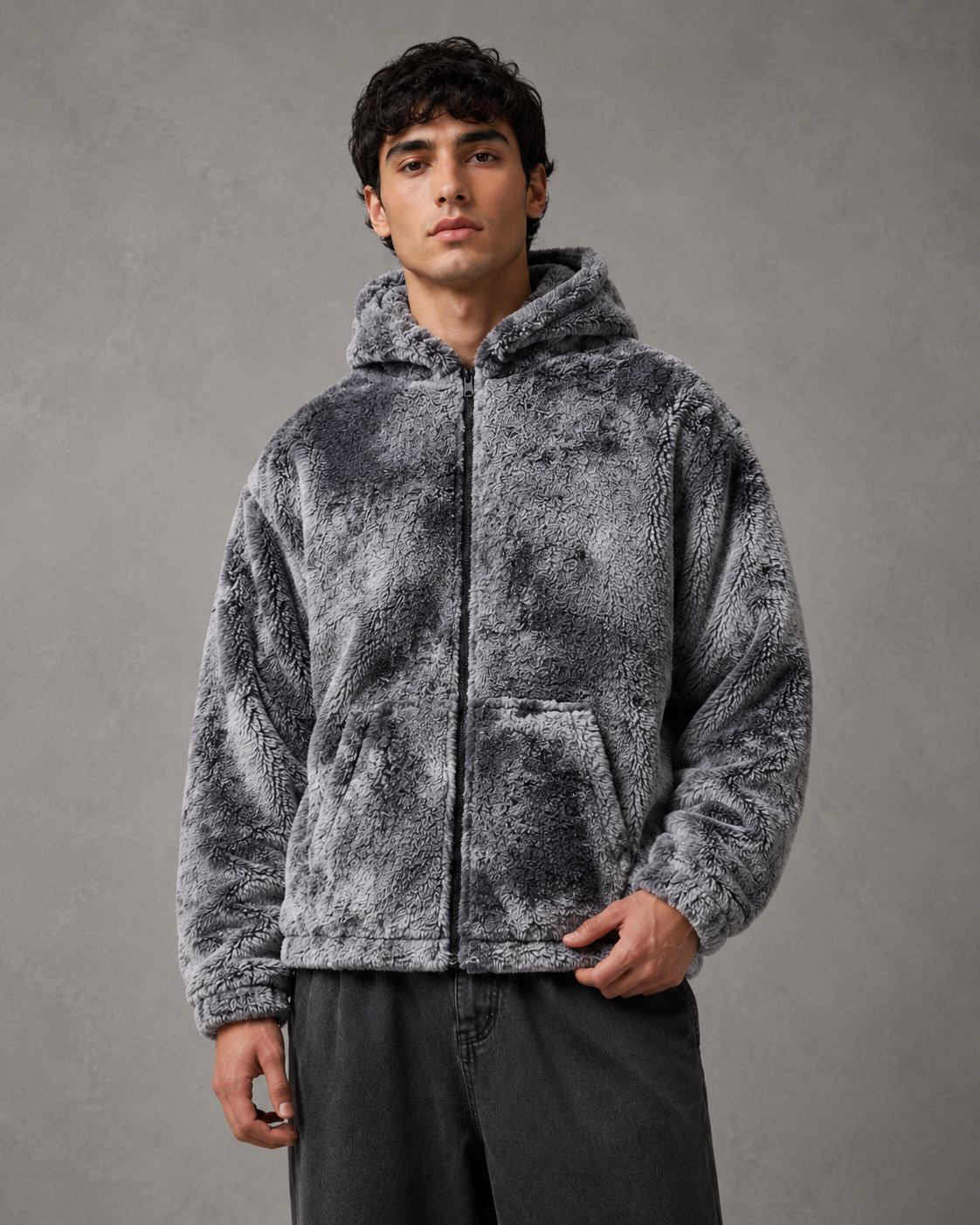 Men's Plush Hooded Zip Jacket - Relaxed Fit Streetwear