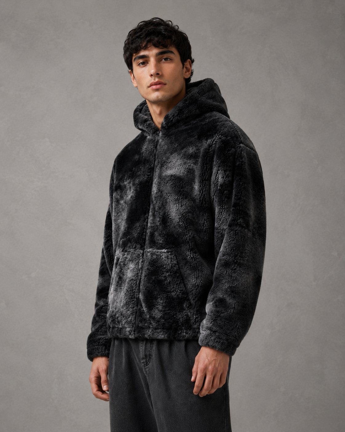 Men's Plush Hooded Zip Jacket - Relaxed Fit Streetwear