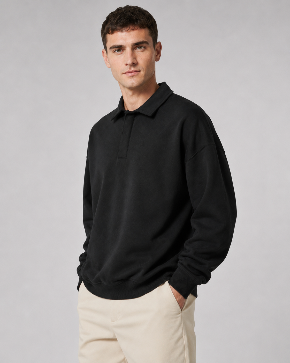 Men's Polo Sweatshirt Oversized Long Sleeve Ribbed Cuff