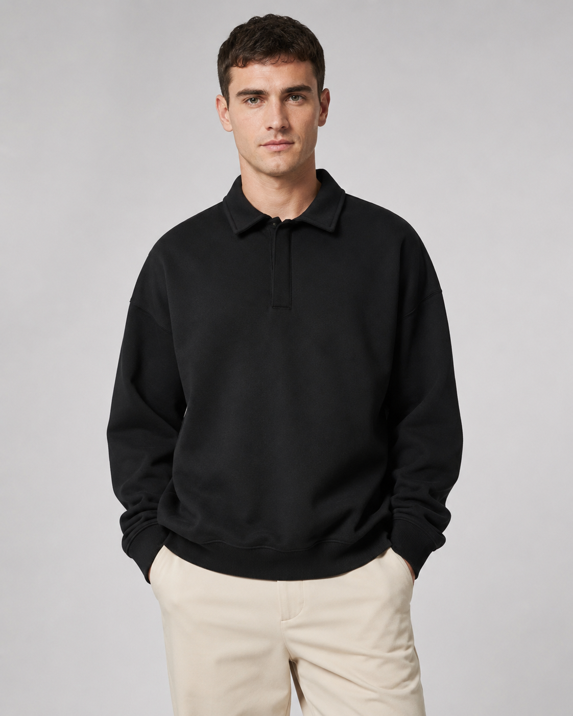Men's Polo Sweatshirt Oversized Long Sleeve Ribbed Cuff